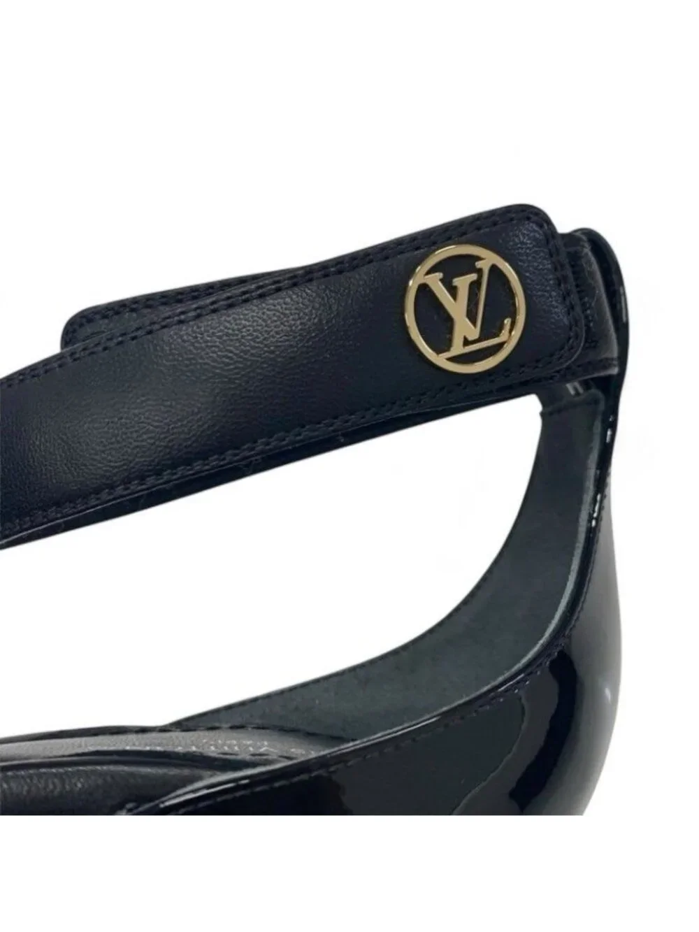 Louis Vuitton Stellar Line Sandals Shoes Leather Patent Black Gold Logo - Picture 9 of 9